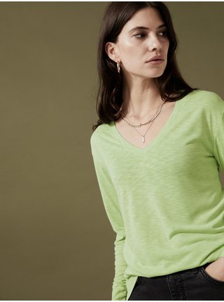 Světle zelené dámské basic tričko s véčkovým výstřihem Marks & Spencer 