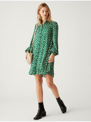 Zelené dámské květované košilové mini šaty s páskem Marks & Spencer 