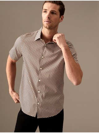 Béžovo-hnědá pánská vzorovaná košile s krátkým rukávem Marks & Spencer 