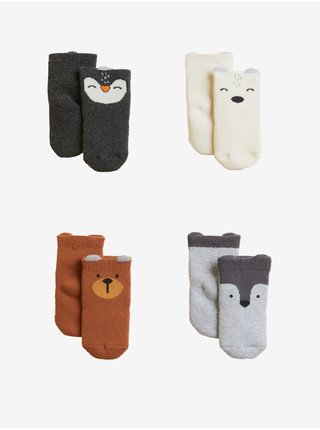 Sada čtyř párů dětských ponožek v šedé, hnědé a krémové barvě se zvířátky Marks & Spencer 