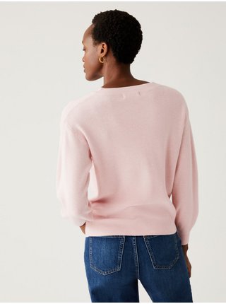 Světle růžový dámský žebrovaný basic svetr s véčkovým výstřihem Marks & Spencer 