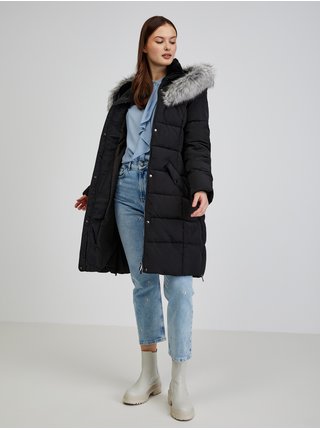 Černý dámský péřový zimní kabát s kapucí a umělým kožíškem ORSAY