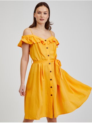 Žluté dámské šaty na ramínka s příměsí lnu ORSAY