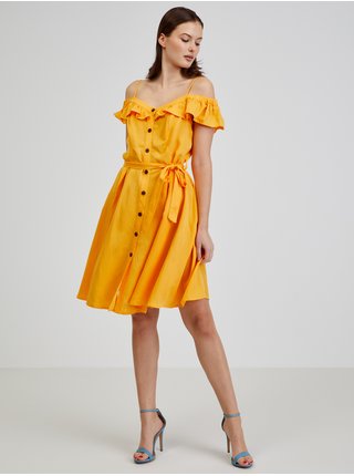 Žluté dámské šaty na ramínka s příměsí lnu ORSAY