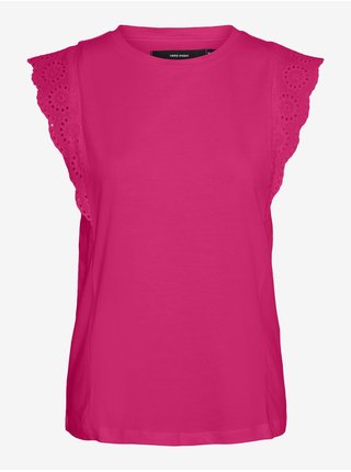 Tmavo ružové dámske tričko s čipkou VERO MODA Hollyn