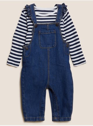 Sada dětských džínů s laclem a trička v bílo-modré barvě Marks & Spencer Denim
