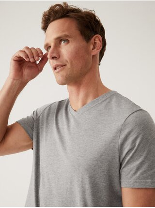 Šedé pánské bavlněné basic tričko s véčkovým výstřihem Marks & Spencer