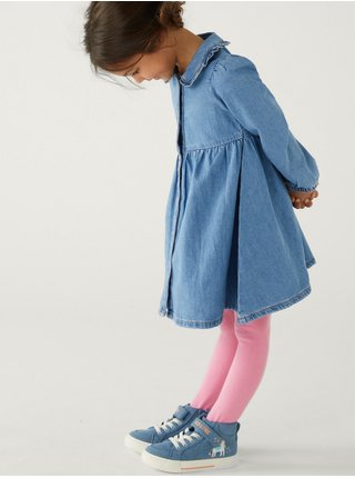 Sada holčičích džínových šatů v modré barvě a punčochových kalhot v růžové barvě Marks & Spencer Denim