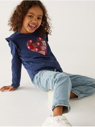 Tmavě modré holčičí bavlněné tričko s motivem srdce a flitry Marks & Spencer 