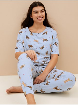 Hnědo-modré dámské pyžamo s motivem koček Marks & Spencer 