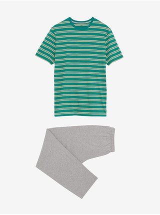 Šedo-zelené pánské pruhované bavlněné pyžamo Marks & Spencer 
