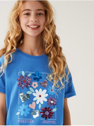 Modré holčičí bavlněné tričko s potiskem Marks & Spencer 