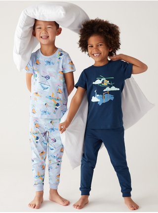 Sada dvou klučičích pyžam v modré barvě s motivem dopravy Marks & Spencer 