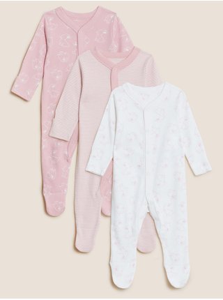 Sada tří holčičích kombinéz na spaní v bílé a růžové barvě Marks & Spencer   