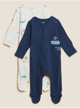 Sada dvou dětských kombinéz na spaní v tmavě modré a krémové barvě Marks & Spencer   