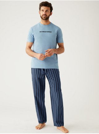 Modré pánské bavlněné pruhované pyžamo Marks & Spencer 