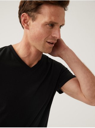 Černé pánské bavlněné basic tričko s véčkovým výstřihem Marks & Spencer 