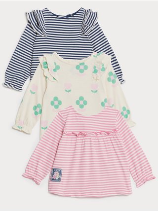 Sada tří holčičích vzorovaných triček v růžové, krémové a tmavě modré barvě Marks & Spencer  