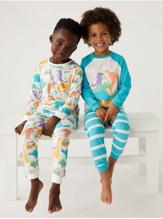 Sada dvou klučičích pyžam v tyrkysové a krémové barvě s motivem dinosaurů Marks & Spencer 