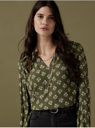 Khaki dámská květovaná halenka Marks & Spencer  
