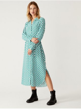 Krémovo-zelené dámské košilové vzorované midi šaty s páskem Marks & Spencer 