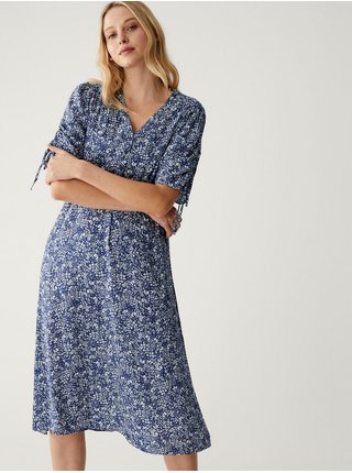 Bílo-modré dámské květované midi šaty Marks & Spencer 
