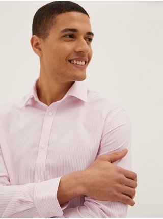 Bílo-růžová pánská proužkovaná bavlněná slim fit košile Marks & Spencer Oxford