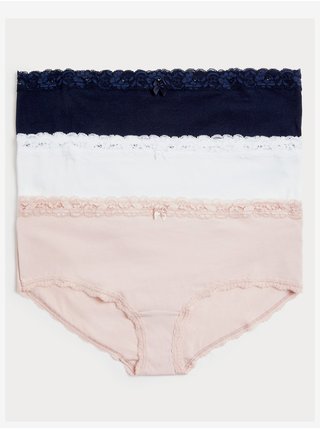 Sada tří dámských kalhotek s krajkou v světle růžové, bílé a tmavě modré barvě Marks & Spencer 