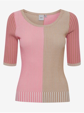 Hnědo-růžový dámský žebrovaný lehký svetr s krátkým rukávem ICHI