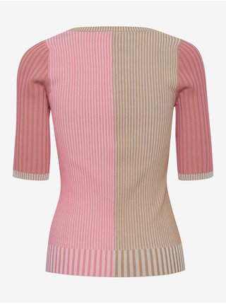 Hnědo-růžový dámský žebrovaný lehký svetr s krátkým rukávem ICHI