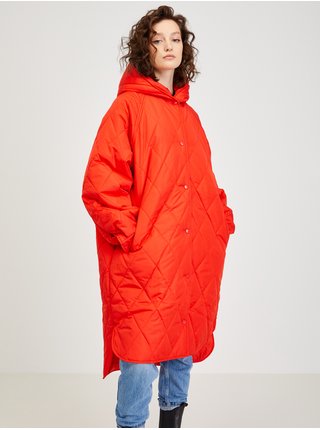 Červený dámský prošívaný zimní kabát s kapucí ICHI