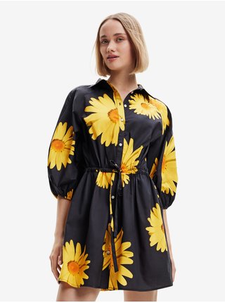 Žlto-čierne dámske košeľové kvetované šaty Desigual Marga-Lacroix