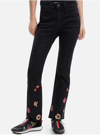 Čierne dámske kvetované straight fit džínsy Desigual Nicole
