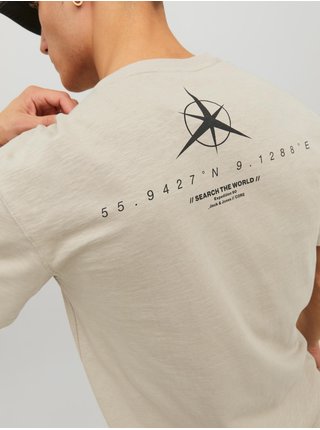Béžové pánske melírované tričko s potlačou na chrbte Jack & Jones Navigator