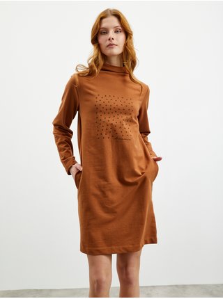 Hnedé dámske mikinové šaty so stojačikom, vreckami a potlačou ZOOT.lab Velia
