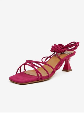 Tmavě růžové dámské šněrovací sandály v semišové úpravě na podpatku OJJU