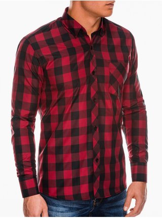 Červeno-černá pánská kostkovaná košile s dlouhým rukávem Ombre Clothing K282