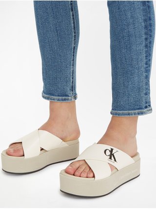 Krémové dámské kožené pantofle na platformě Calvin Klein Jeans