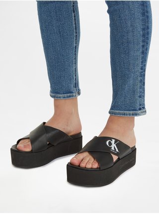 Černé dámské kožené pantofle na platformě Calvin Klein Jeans