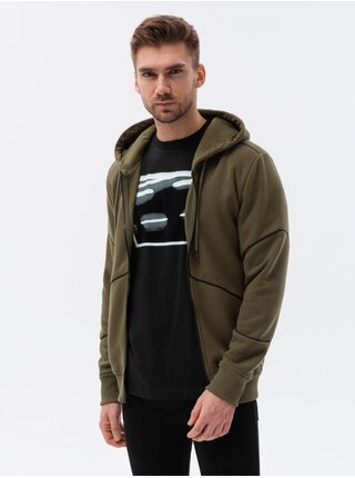 Khaki pánská mikina na zip s kapucí Ombre Clothing