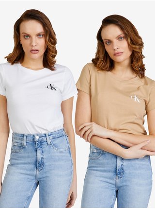 Sada dvoch dámskych tričiek v béžovej a bielej farbe Calvin Klein