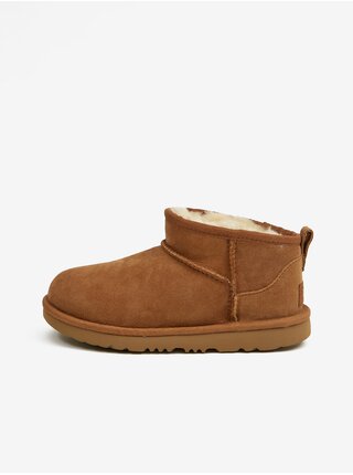 Hnedé dievčenské členkové kožené snehule UGG Classic Ultra Mini