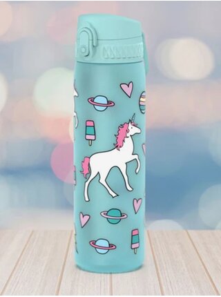 Tyrkysová vzorovaná lahev pro děti Ion8 One Touch Kids Planet Unicorns (600 ml)