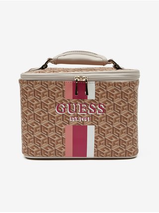 Hnedý dámsky vzorovaný kozmetický kufrík Guess Wilder Beauty