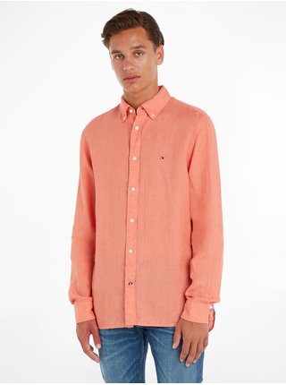 Růžová pánská lněná košile Tommy Hilfiger Pigment Dyed Li Solid 