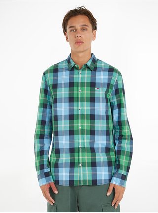 Modro-zelená pánská kostkovaná košile Tommy Jeans Essential 