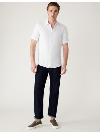 Bílá pánská lněná košile s krátkým rukávem Marks & Spencer 