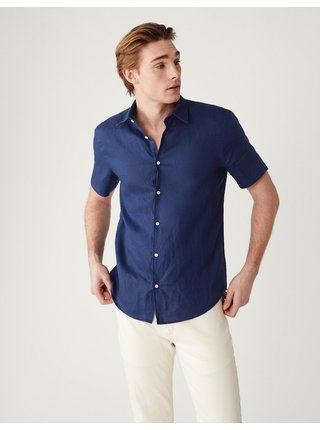 Tmavě modrá pánská lněná košile s krátkým rukávem Marks & Spencer 