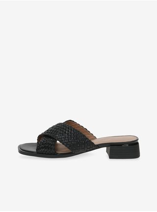 Černé dámské kožené pantofle na nízkém podpatku Caprice