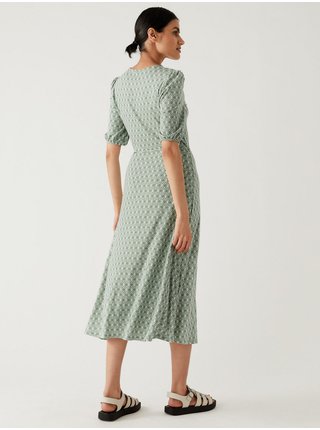 Krémovo-zelené dámské vzorované midi šaty s páskem Marks & Spencer 